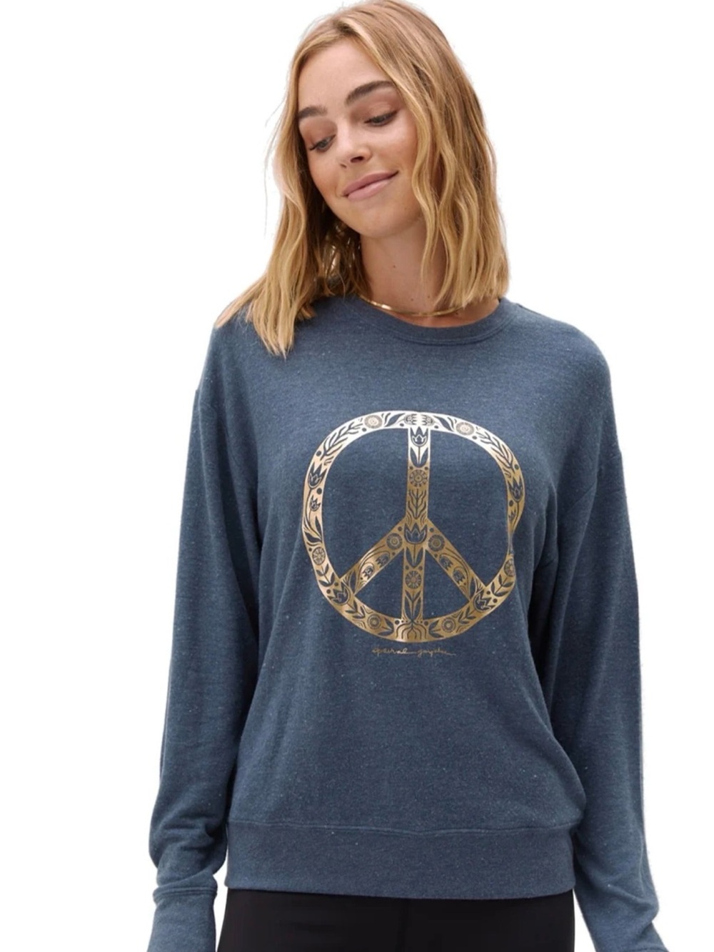 Spiritual Gangster Choose Joy Savasana Sweatshirt Gold Peace Sign SZ M Blue Gold